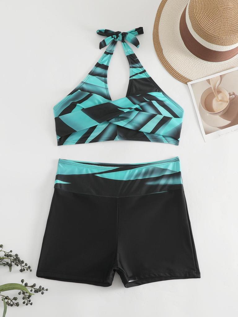 2024 Women's European & American Print Crisscross Halter Bikini Swimsuit