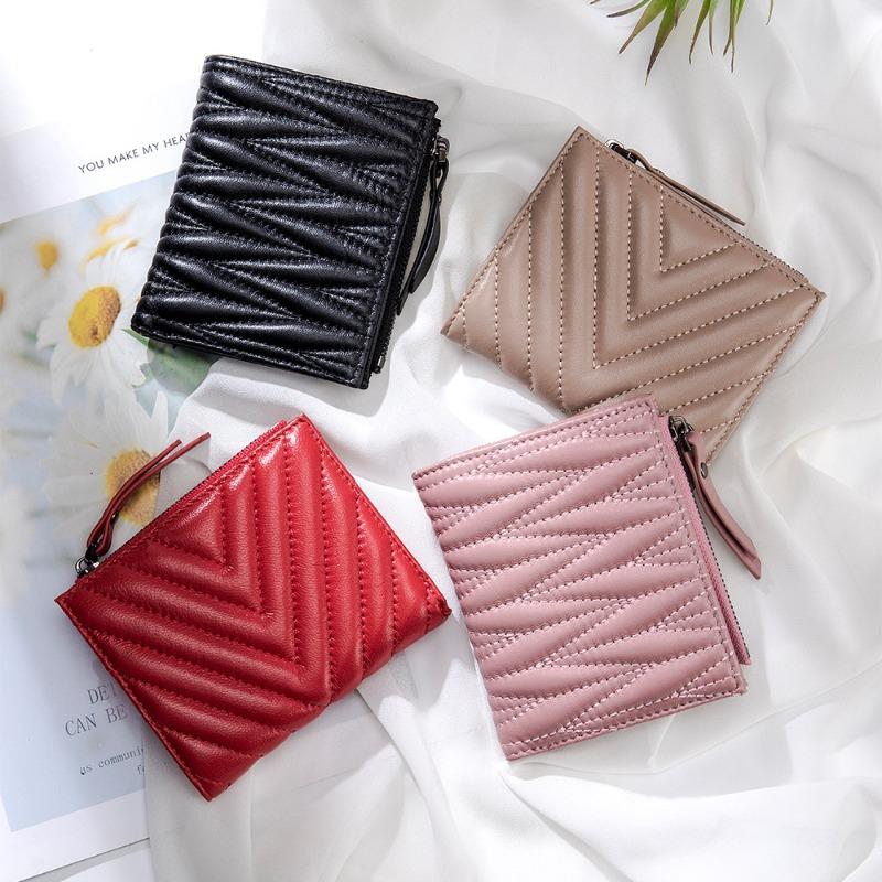 Leather Embroidery Folding Women's Wallet Sheepskin Short Wallet Large Capacity Fashion Japanese and Korean Wallet Storage Bag