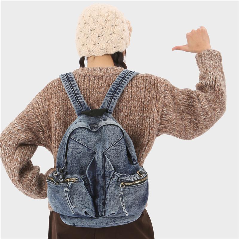Denim Backpack Women's Fashionable Casual School Bag Trendy Rucksack with Drawstring Pockets