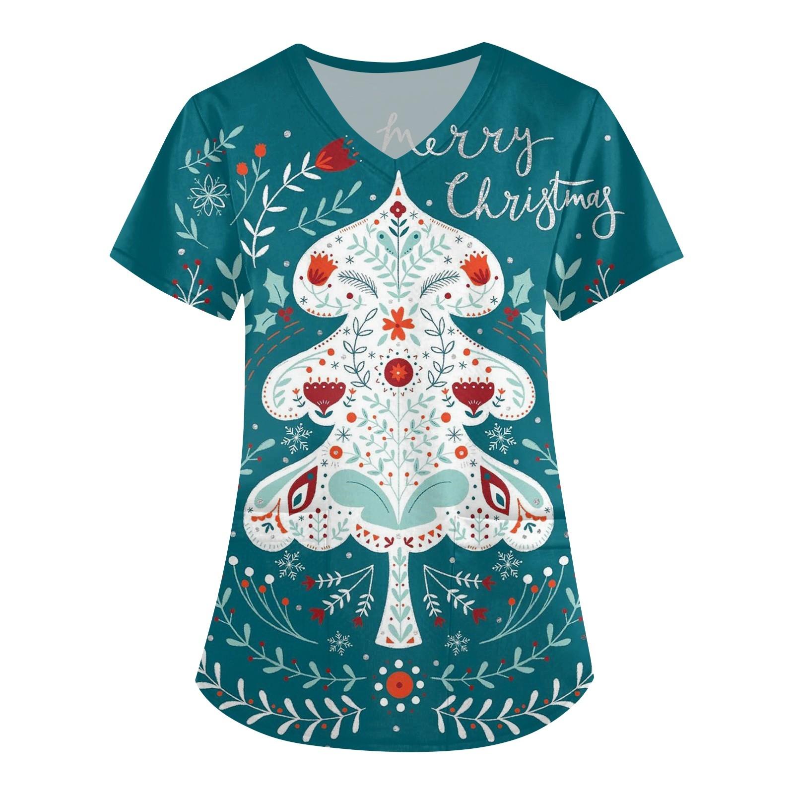 

Женская модная рабочая одежда с v-образным вырезом, короткими рукавами и карманами, топы с рождественским принтом S синий