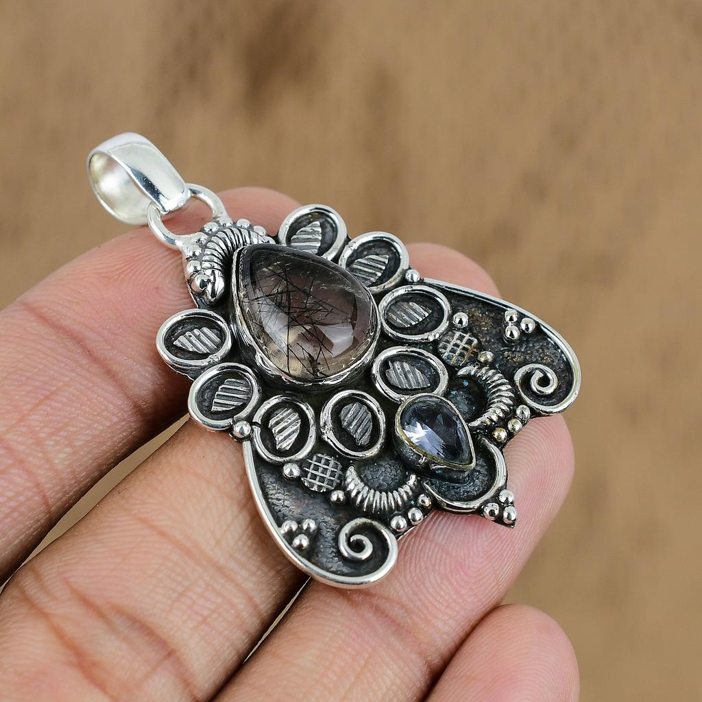 Natural Rutile Gemstone Pendant Black 925 Sterling Silver Indian Jewelry