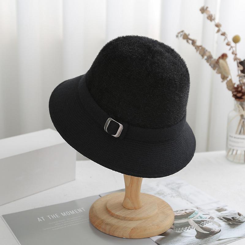 

Women Knitted Bucket Hat Autumn Winter Solid Color Faux Mink Cashmere Blend Artistic Versatile Sun Cap 57-58 cm чорний