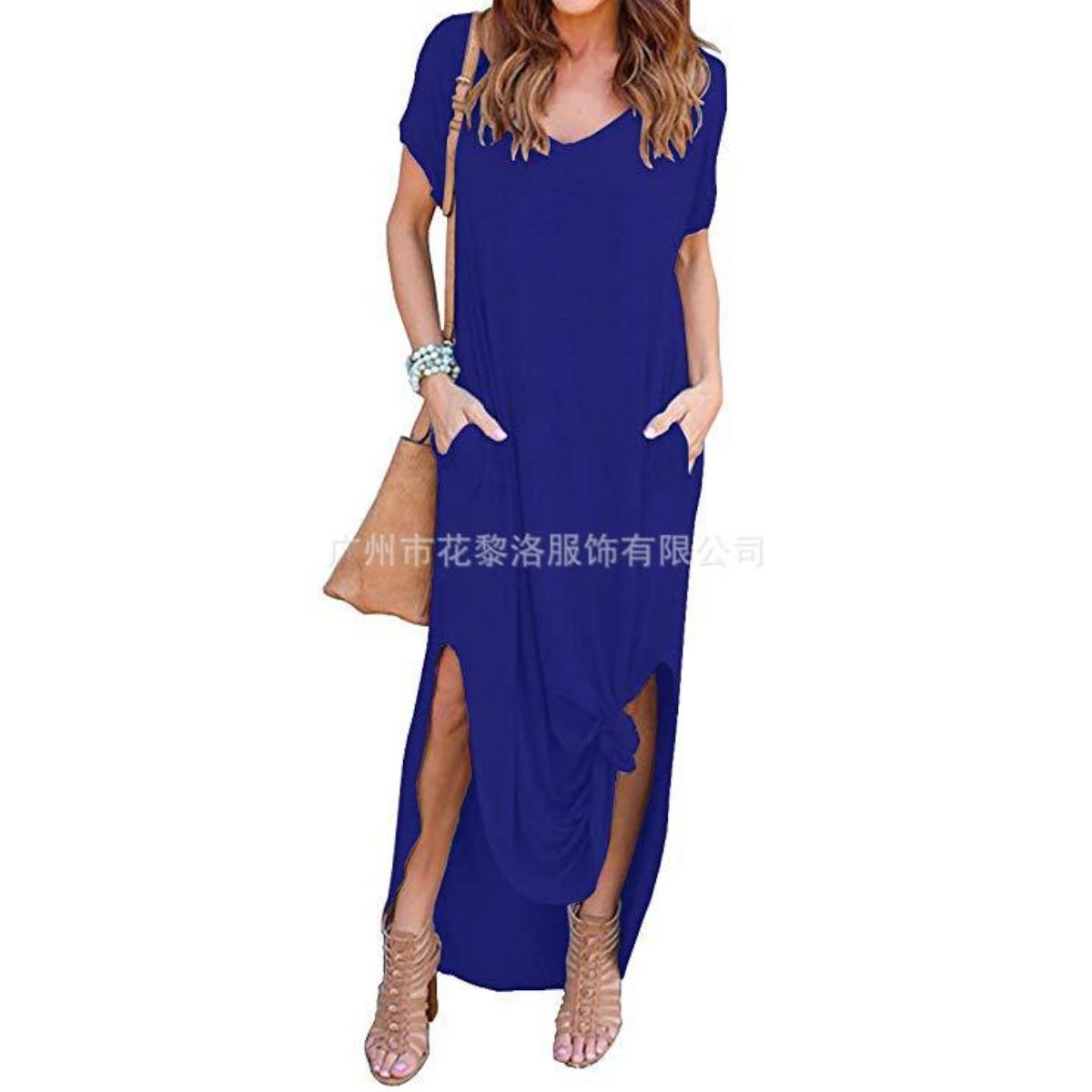 

Summer V-neck Short Sleeve Pocket Slit Irregular Dress Party Gown for Women European & American Style XXL