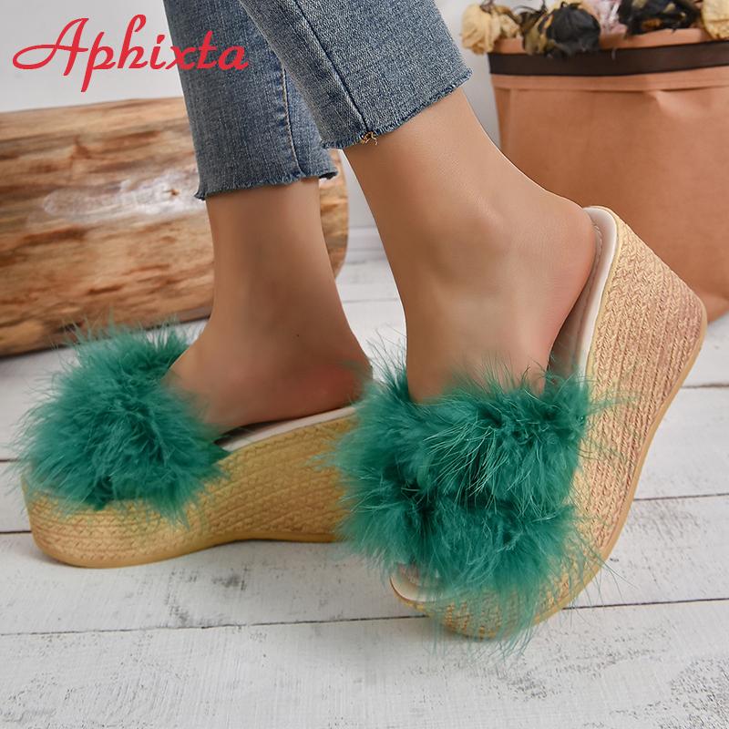 Fashion Aphixta Furry Green Wedge Platform Slides Women's Shoes 9cm Slippers Flip Flops Heels Shoes Beach Sandals Plus Size 43
