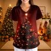 Women's Christmas Print V-Neck Short Sleeve Uniform with Pockets Loose Fit