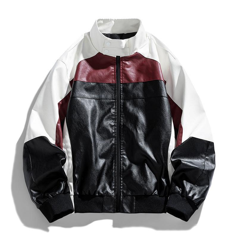 American PU leather jacket velvet men's jacket spring and winter new stand-up collar locomotive clothing versatile trend color matching pu jacket men