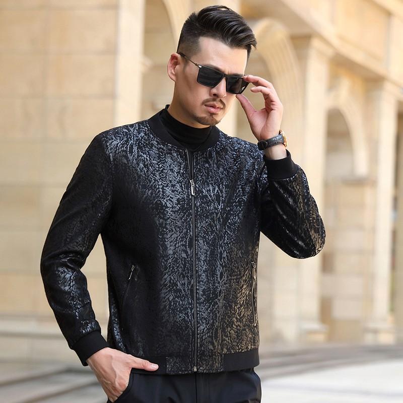 Mens Genuine Leather Short Bomber Jacket With Stand Collar Floral Slim Fit