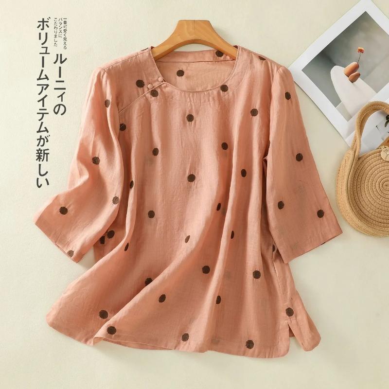 

Summer Printed Polka Dot Mid-sleeve Cotton Linen Top Artistic Round Neck Design T-shirt for Women L рожевий
