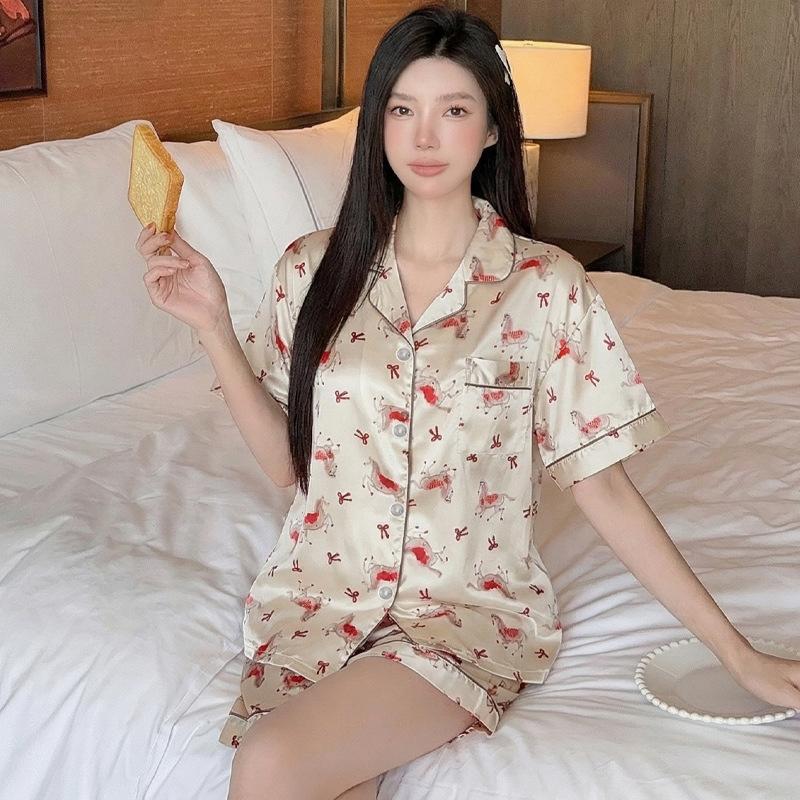 Ice Silk Summer Thin Short-Sleeved Two-Piece Set Girl Pajamas French Bow Pony Printed Loungewear Can Be Worn Outside