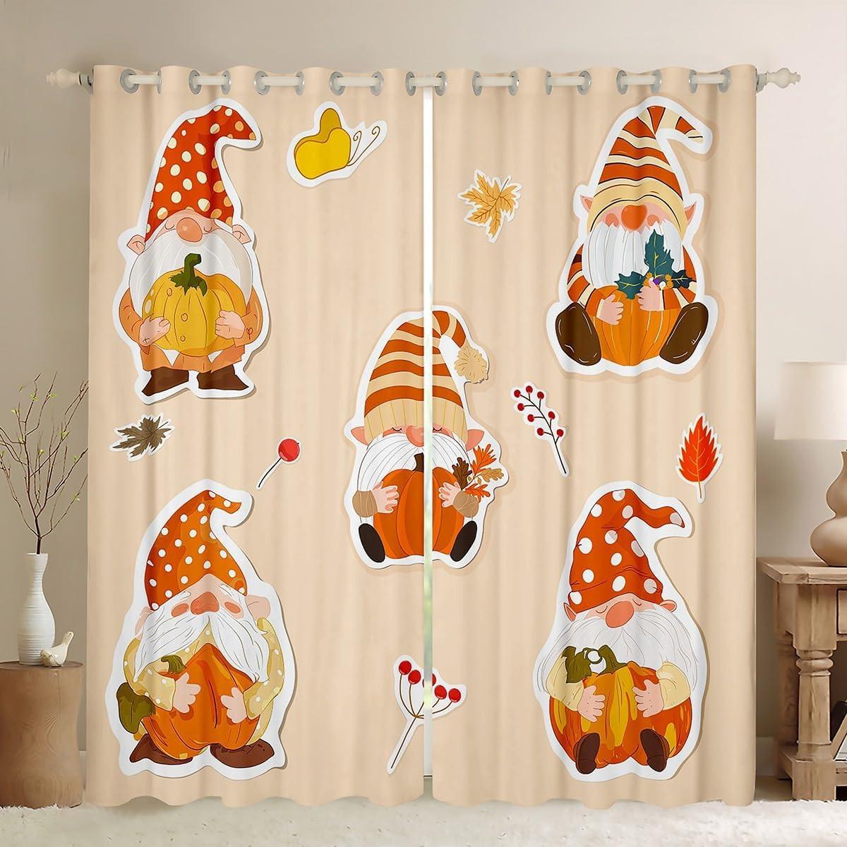 Блокирующие свет шторы на окно ко Дню благодарения Осенний кленовый лист Тыквенная ферма Урожай Сельские занавески Фермерский дом Из полиэстера Моющиеся W100*H130(CM)-Rod Pocket&2PCS