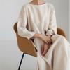 Vestito Oversize Stile Giapponese Coreano Cotone Lino Pullover Girocollo Monocolore Lunghezza al Ginocchio Gonna Svasata