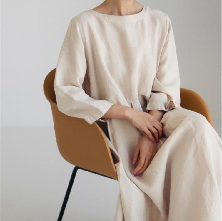 Vestito Oversize Stile Giapponese Coreano Cotone Lino Pullover Girocollo Monocolore Lunghezza al Ginocchio Gonna Svasata