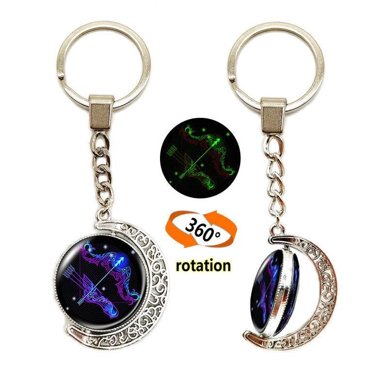 

European 12 Constellations Luminous Keychain: Double-Sided Glass Moon Pendant Pattern Diameter 25mm