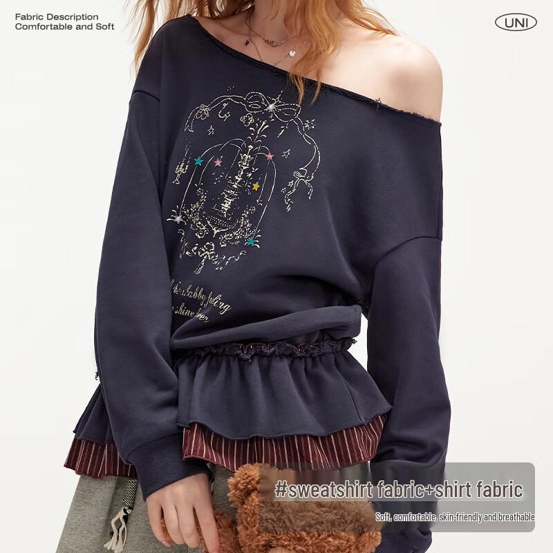 unifree 2025 Fall Korean Print Faux Two-Piece Sweatshirt