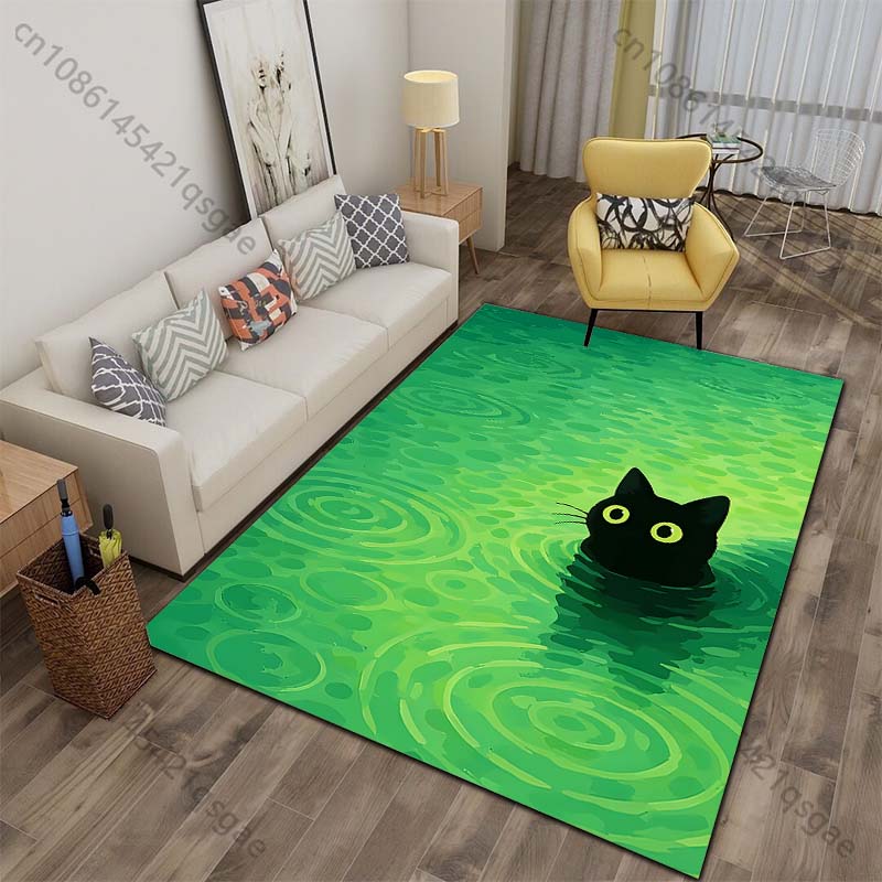 

Multiple sizes Black cat in green water with ripples Print Carpet for Living Room Bedroom Sofa Home Decor Non-slip Mat Gift 40x60cm