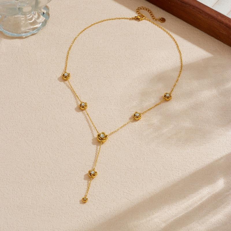 Gold Plated Stainless Steel Y-Shape Rose Zircon Drop Necklace золотой