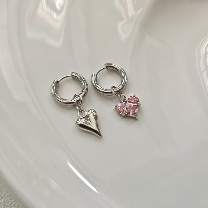 Sweet Pink Zircon Heart-Shaped Pendant Earrings For Women Simple Geometric Circular Ear Buckle Fashion Jewelry Accessories Gift