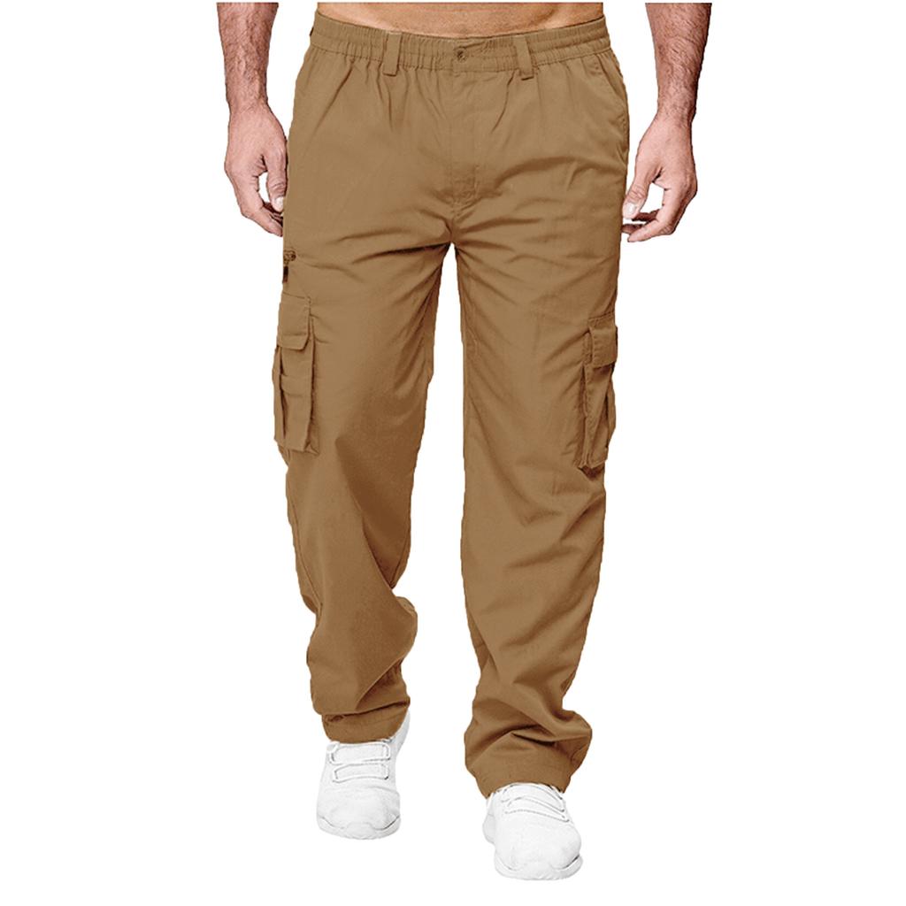 Men's Spring and Autumn Solid Straight Legged Cargo Pants Casual Multi-Pocket Long Pants Loose Fit Outdoor Fitness Trousers