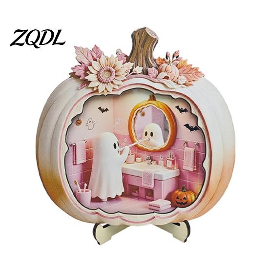 Indoor Fall Seasonal Ornament Halloween Ghost Pumpkin Wooden Plaque, 2D Flat Tabletop Sign, Gift for Lovers Spooky Bathing Reading Home Office Mantel