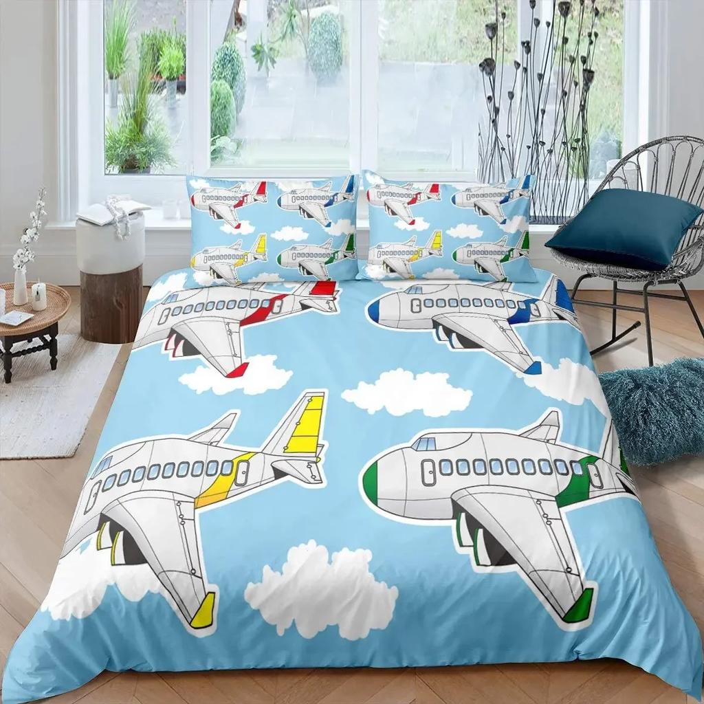 Airplane Duvet Cover Set Sky Cloud Polyester Comforter Cover For Kids Teens Adults Bedding Set King Queen Size With Pillowcase