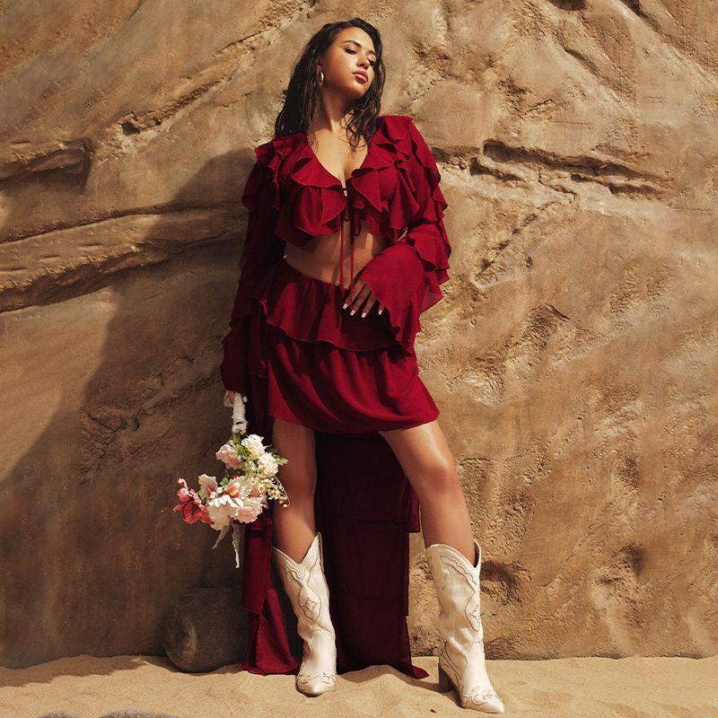 Decodediva [Desert Road Crazy Flower] Vacation Chiffon V Neck Long Sleeves Multi-Layer Shirt Top Suit Skirt Summer