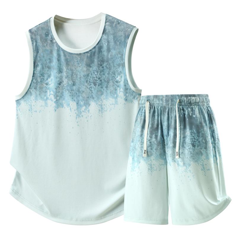 Men's Plus Size Tie-Dye Gradient 2-Piece Set, Waffle Knit Tank Top & Shorts (5XL-11XL)
