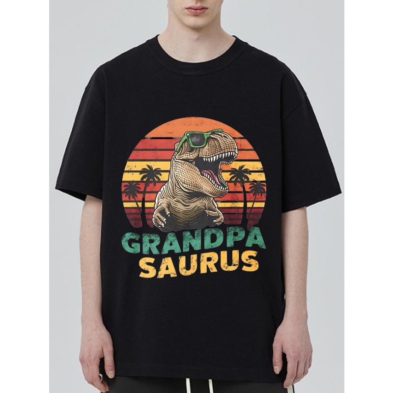 

Crewneck T Shirt Black Dinosaur With Sunglasses And Palm Trees Sunset Background Grandpa Saurus Text Summer Beach Casual Wear XXXXL чёрный