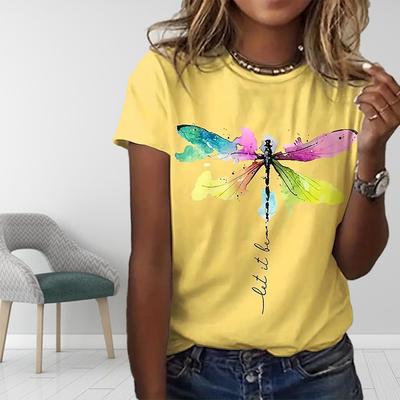 Women Summer T Shirt  Print Colorful Dragonfly Short Sleeve Tees Casual   Printed  Tops