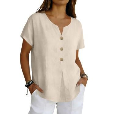 Women's Linen Blend Short Sleeve Blouse Notch V Neck Button Front Loose Casual Summer Tunic Top