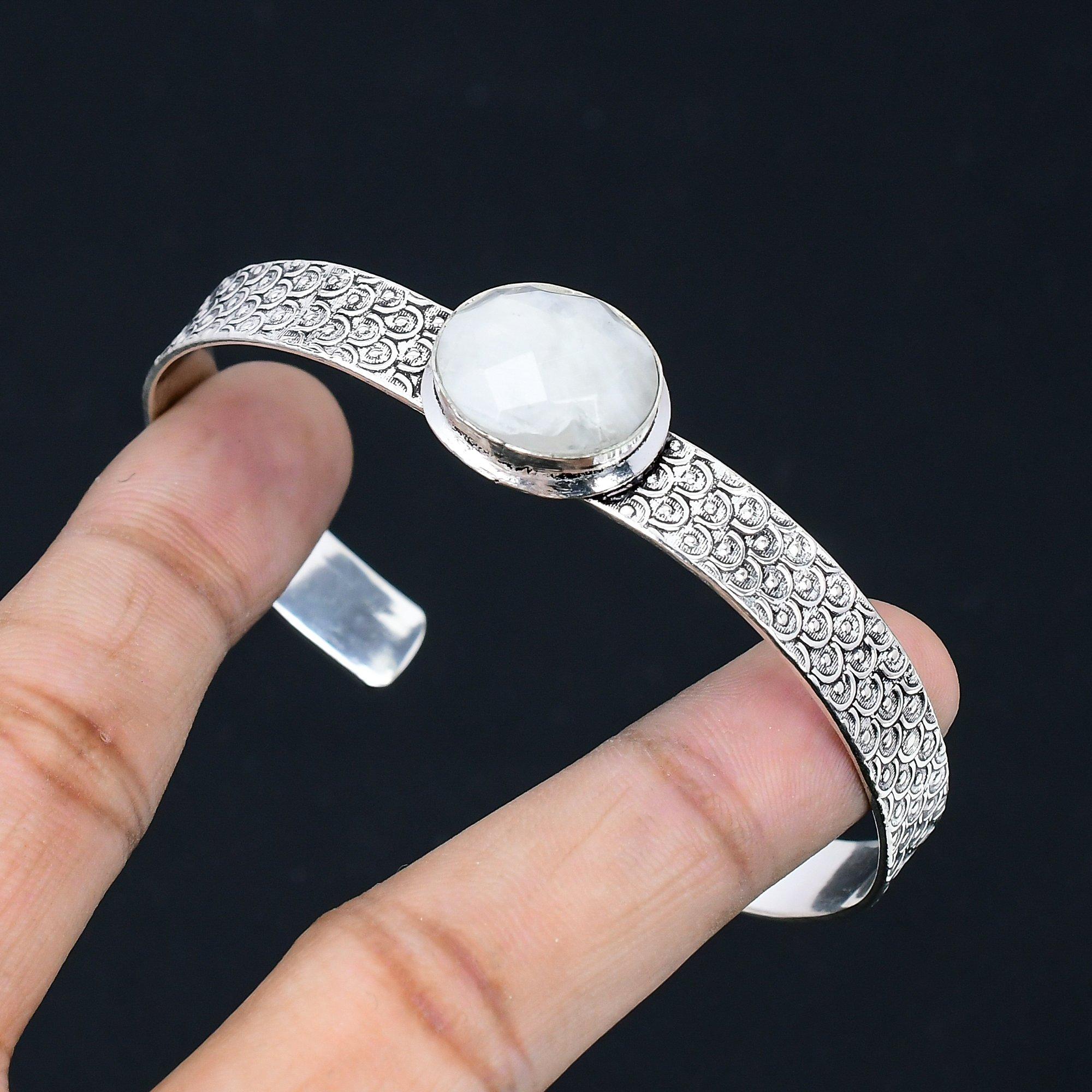 

Sisters Day Sale Sterling Silver Natural Rainbow Moonstone Boho Bangle Bracelet Adjustable