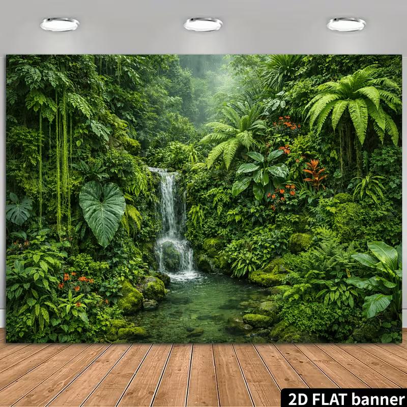Tropical Rainforest Backdrop with Waterfall, Giant Leaves and Ferns Photography Background
