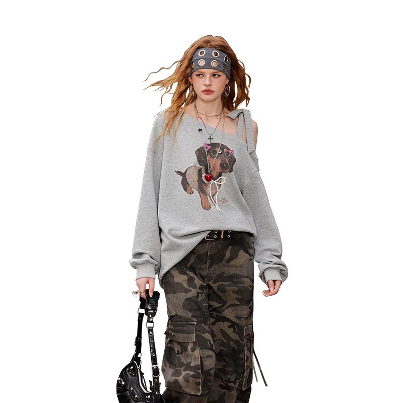 

UNIFREE Vintage Dachshund Print Asymmetrical Sweatshirt M