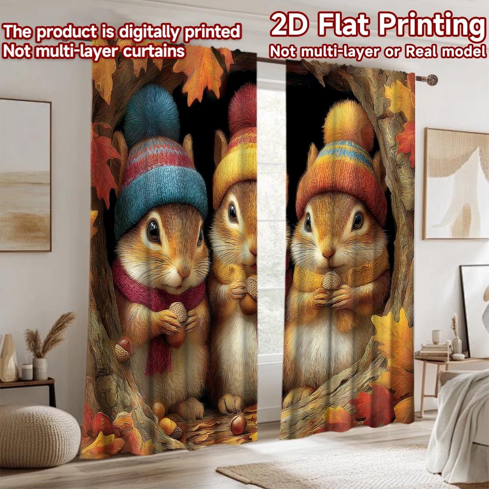 2D Flat Printing 2pcs Party Curtain Cute Squirrels Autumn Cozy Nuts Digital Printed Polyester Drapes Festive Wall Decor for