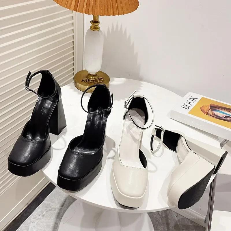 Black/Beige Platform Buckle Strap Cover Heeled Women's Mary Jane Shoes Casual Square Head 13cm High Heels Ladies Pumps