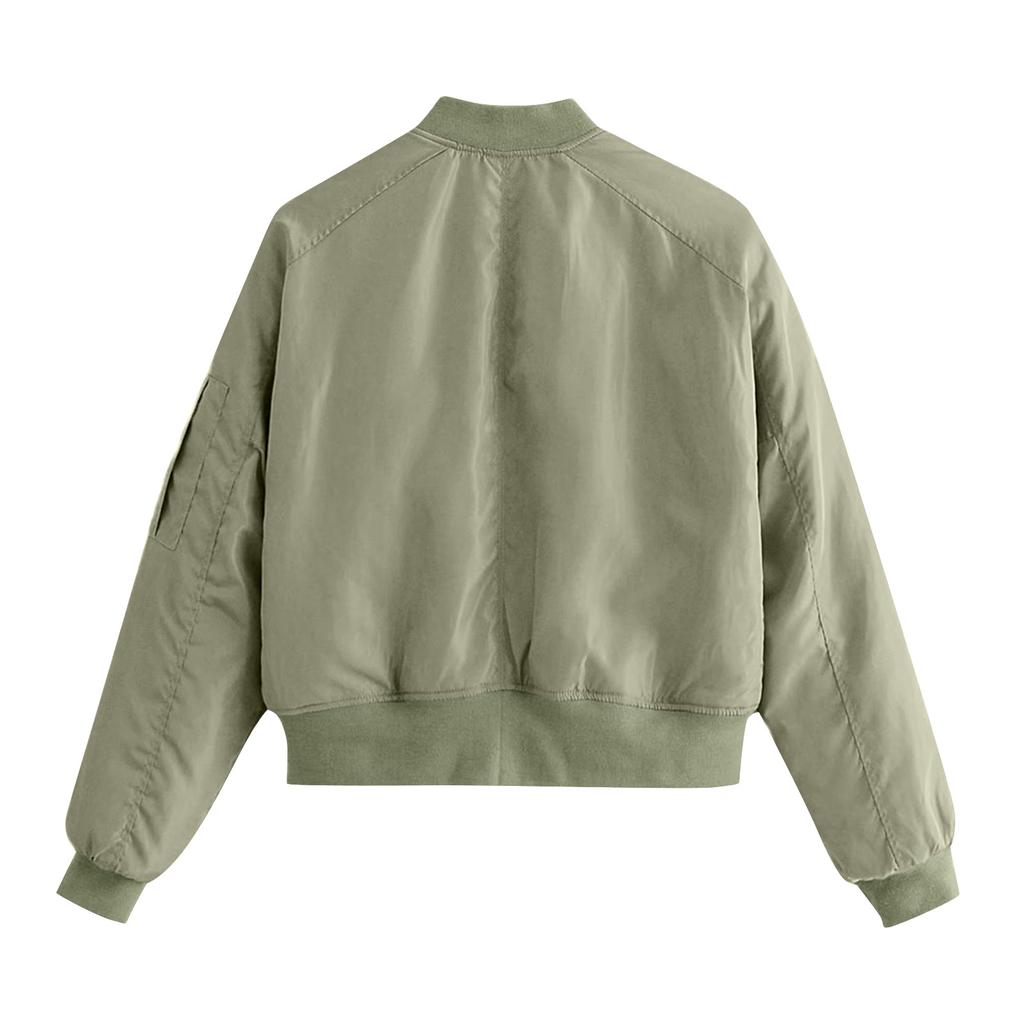 Ladies' Solid Color Fashionable Large Pocket Long Sleeved Zipper Casual Top  Jacket Jacket
