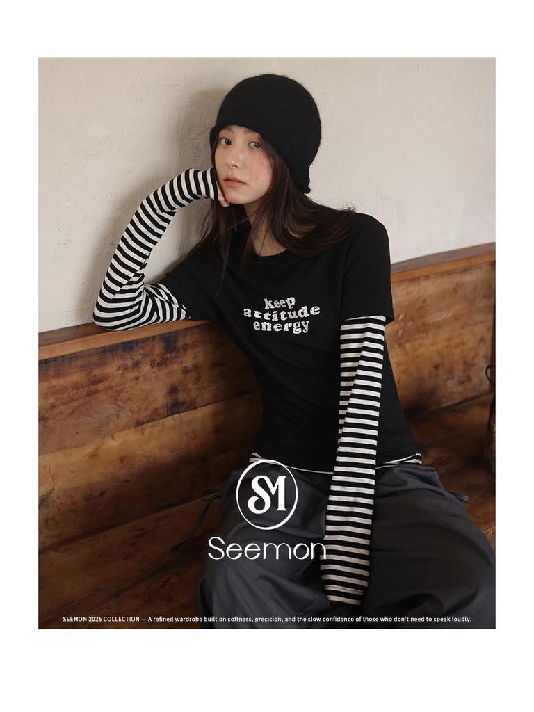Yimeng 2025 Herbst Eleganz im koreanischen Stil gestreiftes Zwei-in-Eins T-Shirt