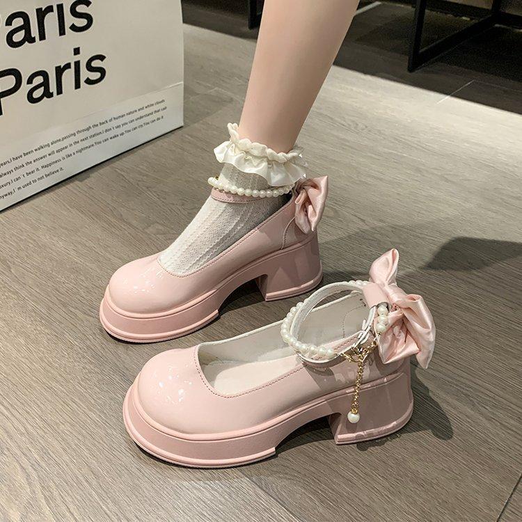 2025 New Round Head Mary Jane Shoes Thick Heel High Heel Sweet Princess Shoes