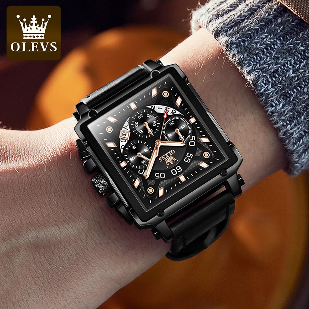 OLEVS 9919 Original Quartz Watch for Men Leather Strap Big Dial Square Waterproof Chronograph Sport Clock Male Relogio Masculino