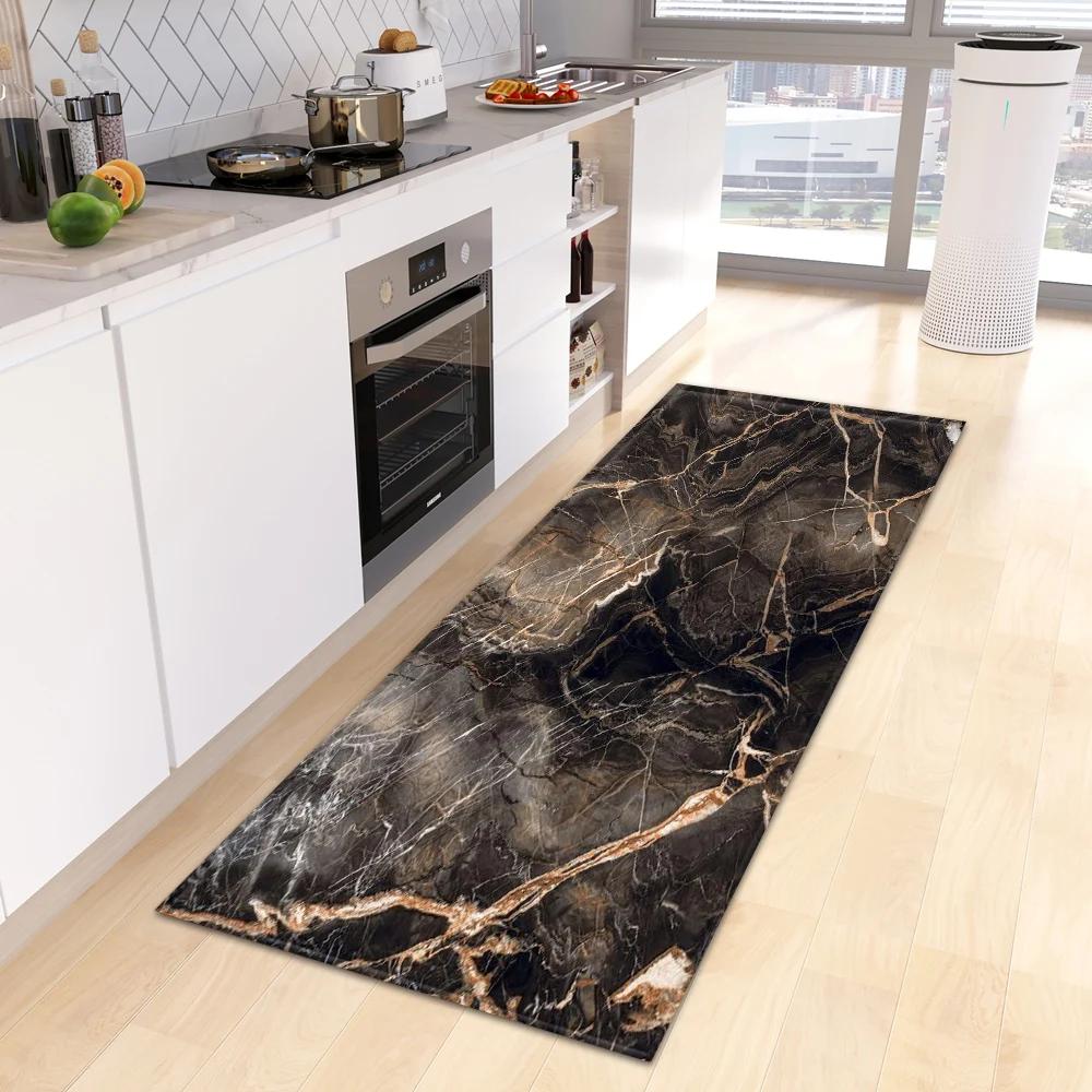 Marble Print Kitchen Runner Rug, Modern Gold  Black Vein Non-Slip Water  Oil Resistant Floor Mat