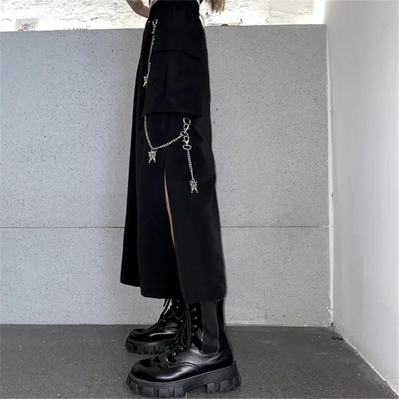 Spring Autumn Women Skirt Fashion Korean Style Black Long Skirts with Chain Side Slit Hip Hop Streetwear Plus Size