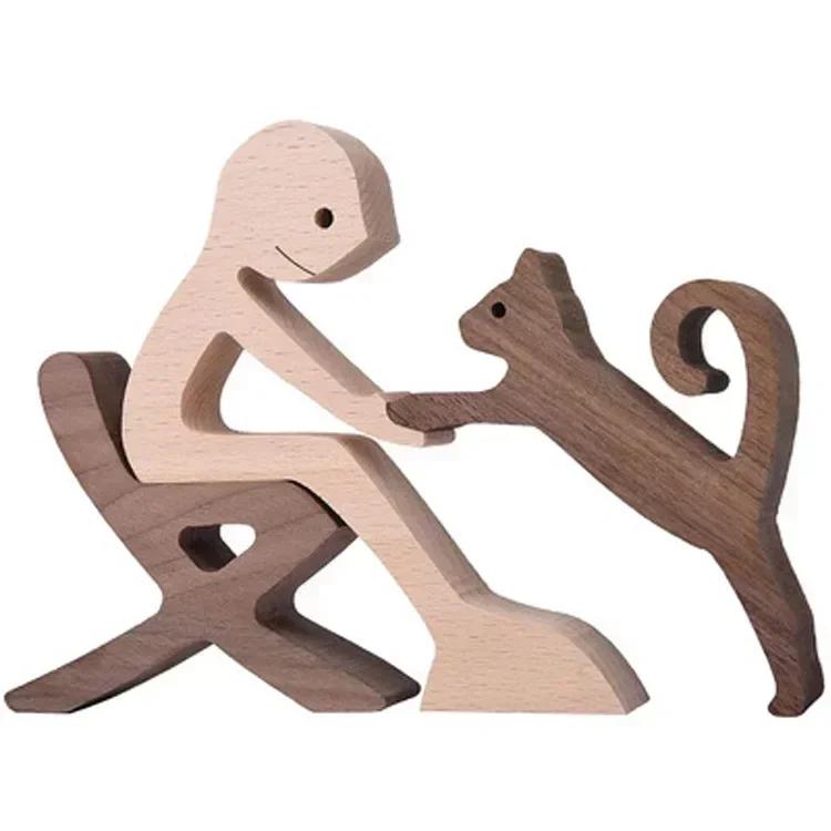 Cute Family Puppy Wood Dog Craft Ornament Figurine Natural Gift for Home Decoration Accessories Handmade Sculptures Decor