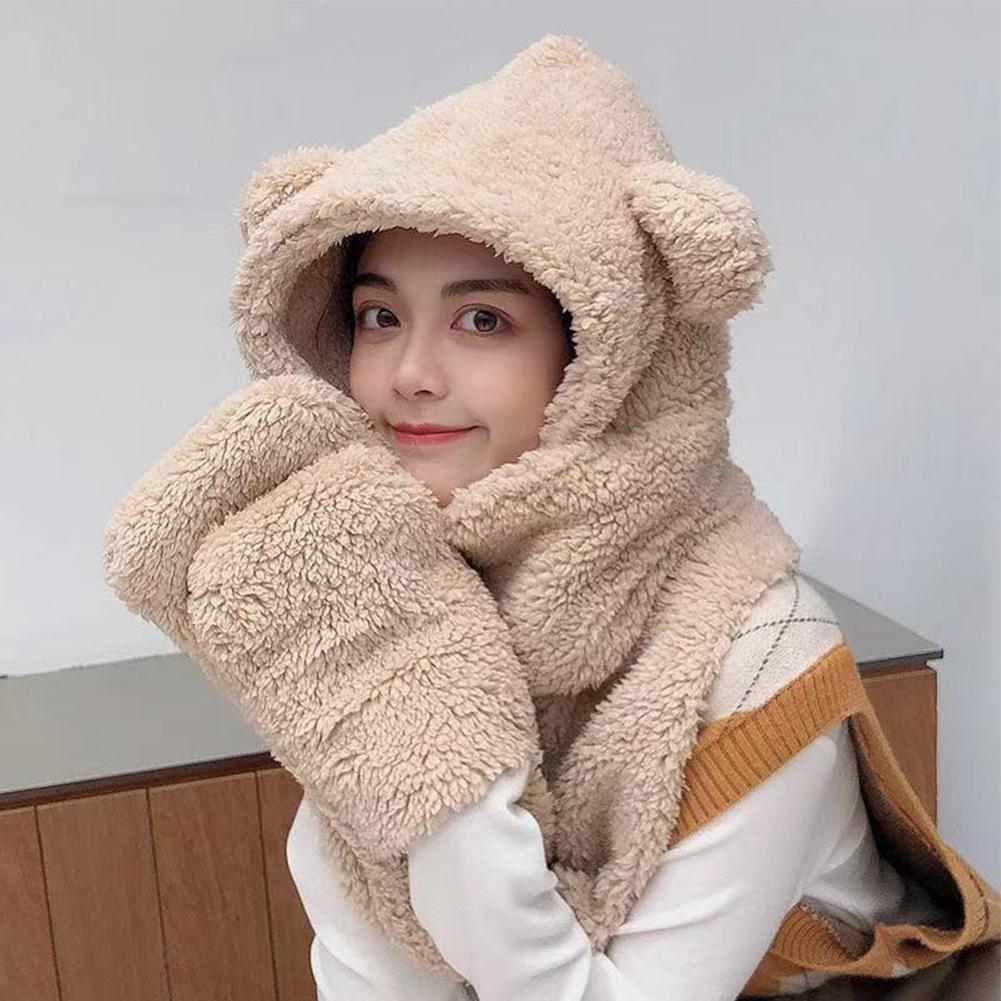3-in-1 Hat Scarf Gloves Set For Women Cute Bear Mask Hat Winter Warm Double Layered Thickened Accessories