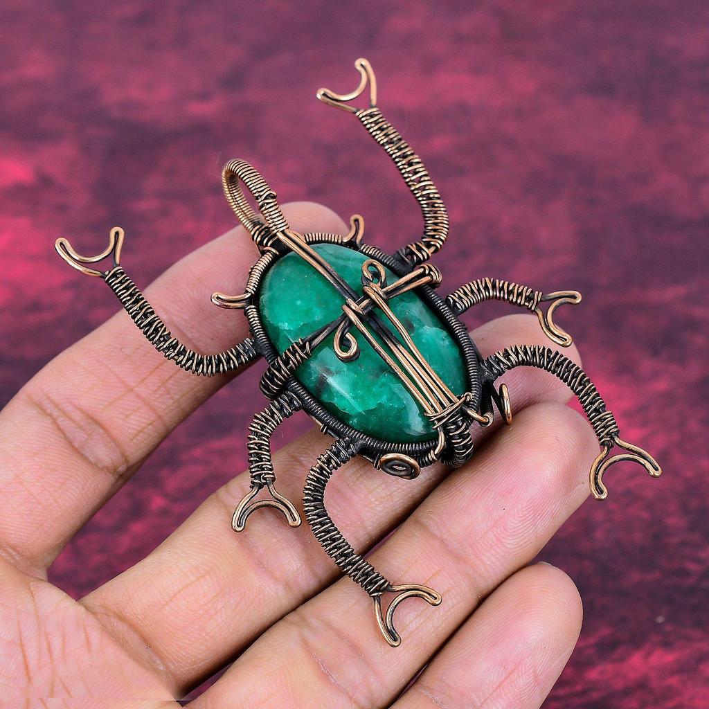 Faceted Zambian Emerald Real Gemstone Pendant Copper Wire Wrapped Beetle Jewelry