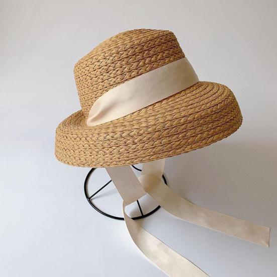 Children Straw Hat, Ribbon Bowknot Decor Wide Brim Beach Hat, Furry Trim Round Shape Summer Hat for Outdoor Play Travel