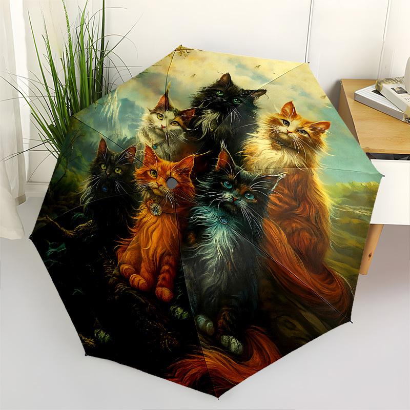 

Cats Landscape Themed Automatic Opening and Closing Umbrella, Brightly Colored 8-rib Portable Umbrella, Suitable for Men and Women, A Perfec