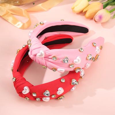 AWAYTR New Love Heart Bowknot Hairband for Women Cute Pearl Red Wide Diamond Headband Hair Hoop Hair Accessories Valentine's Day