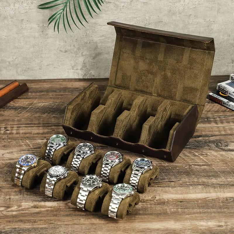 Vintage Genuine Leather Watch Roll Box 1/2/3/4/6/8 Grids Watch Travel Case Organizers Display Holder Men Women Watches Jewelry