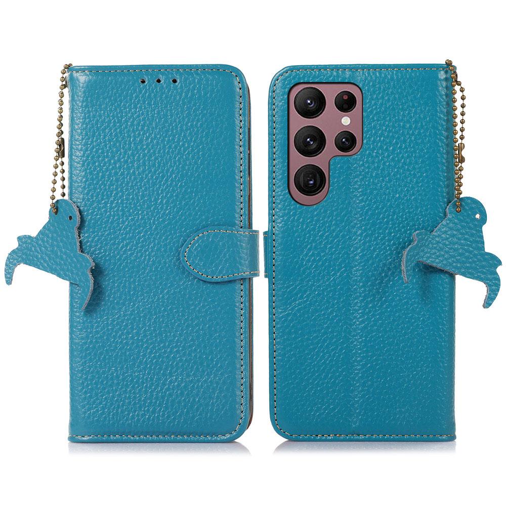 

For Samsung Galaxy S25 Ultra Case RFID Blocking Litchi Texture Genuine Cow Leather Phone Cover Blue