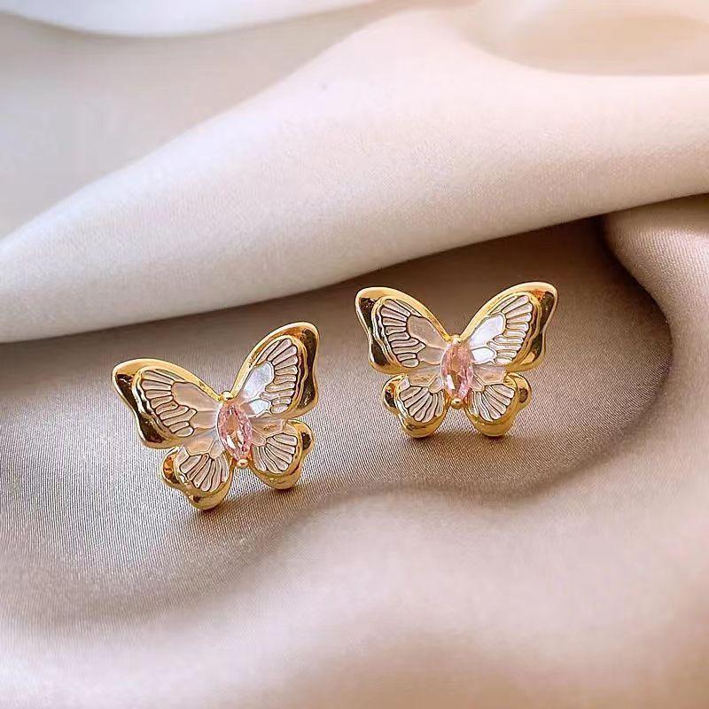 Zircon butterfly stud earrings fashionable, sweet and exquisite earrings light luxury high-end earrings women