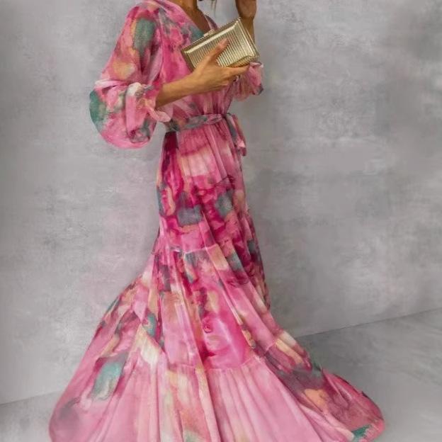 Pink V Neck Tie Waist Floral Print Maxi Dress with Ruffle Hem